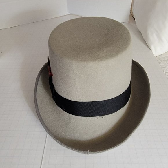 Hats in the Belfry Gray Wool Top Hat w Red Black Feather 100% Wool Large - Picture 9 of 12